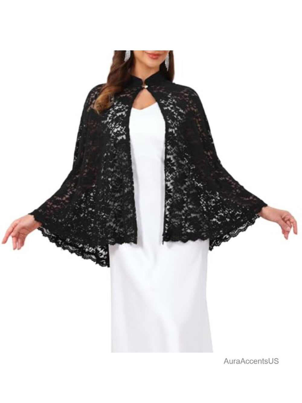 Women's Lace Stand Collar Long Cape Shrug Wedding Cocktail Party